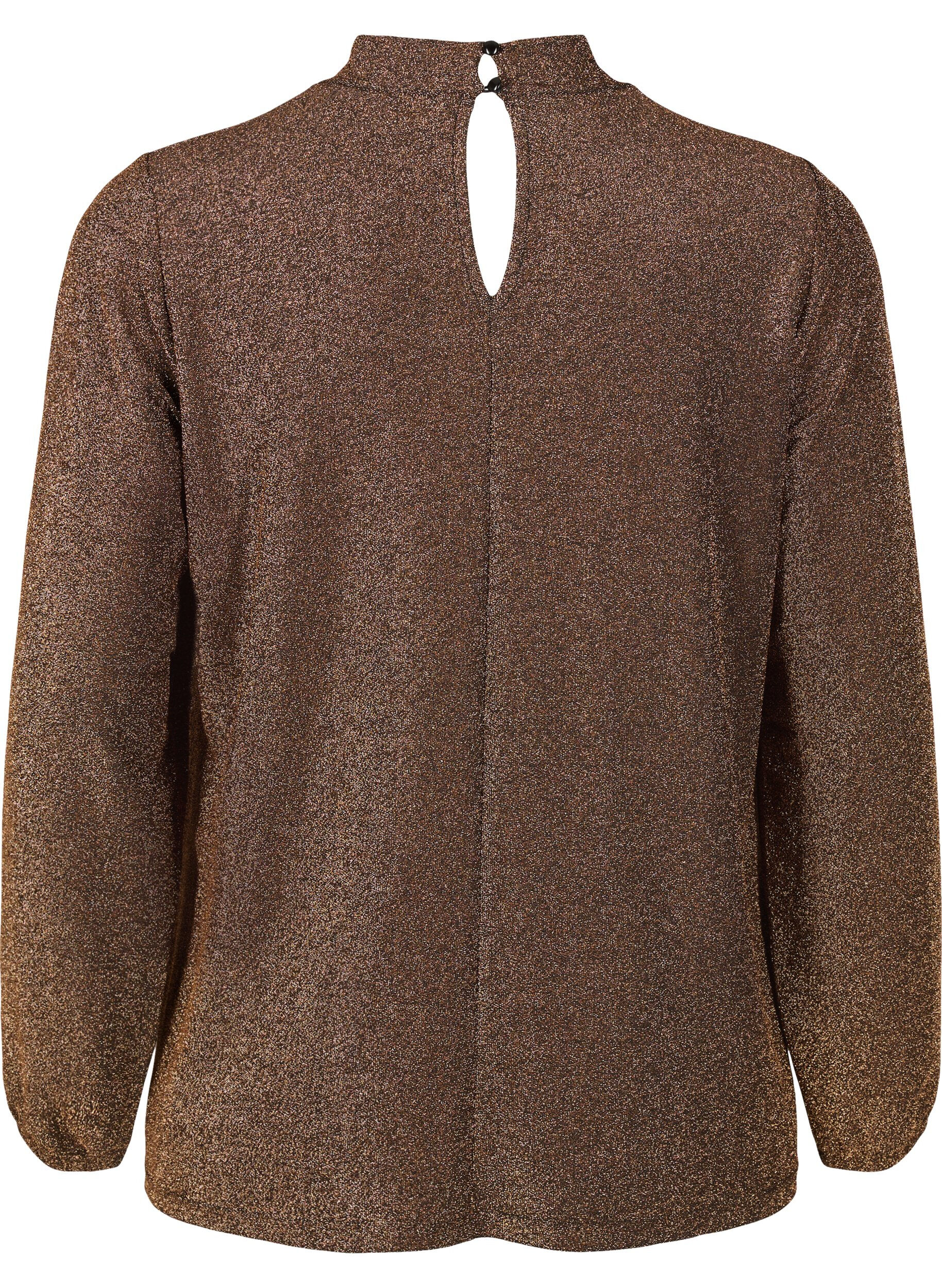 Zizzi Glitter blouse met lange mouwen, ronde hals en V-detail, Black Copper, Packshot image number 1