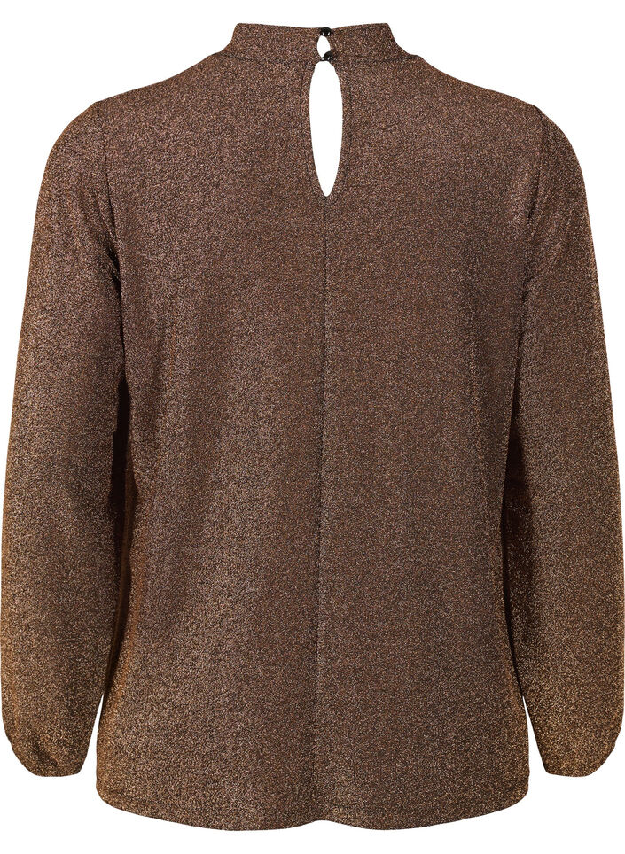 Glitter blouse met lange mouwen, ronde hals en V-detail, Black Copper, Packshot image number 1