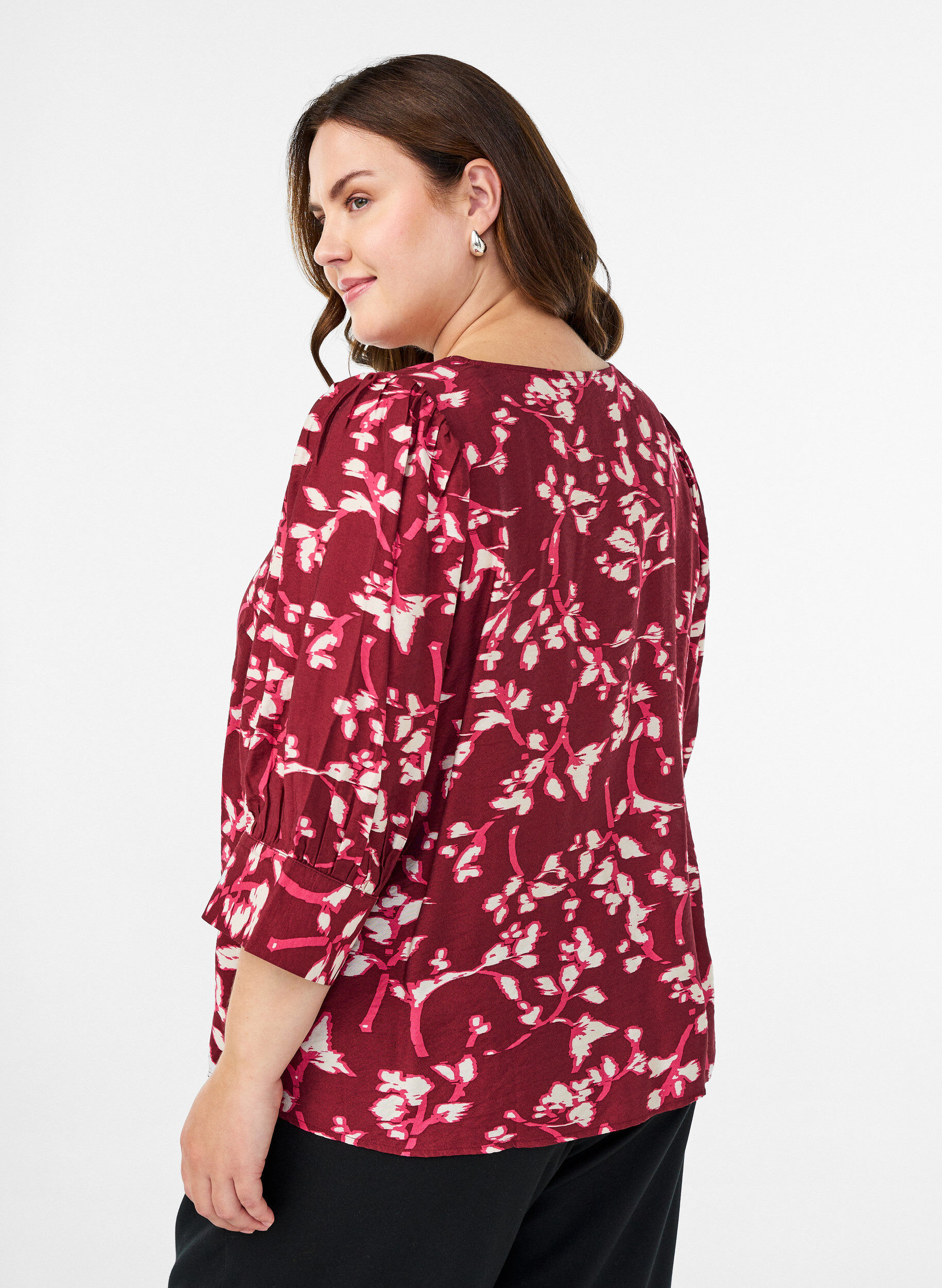 Zizzi Blouse met V-hals en 3/4-mouwen, Rood, Model image number 2