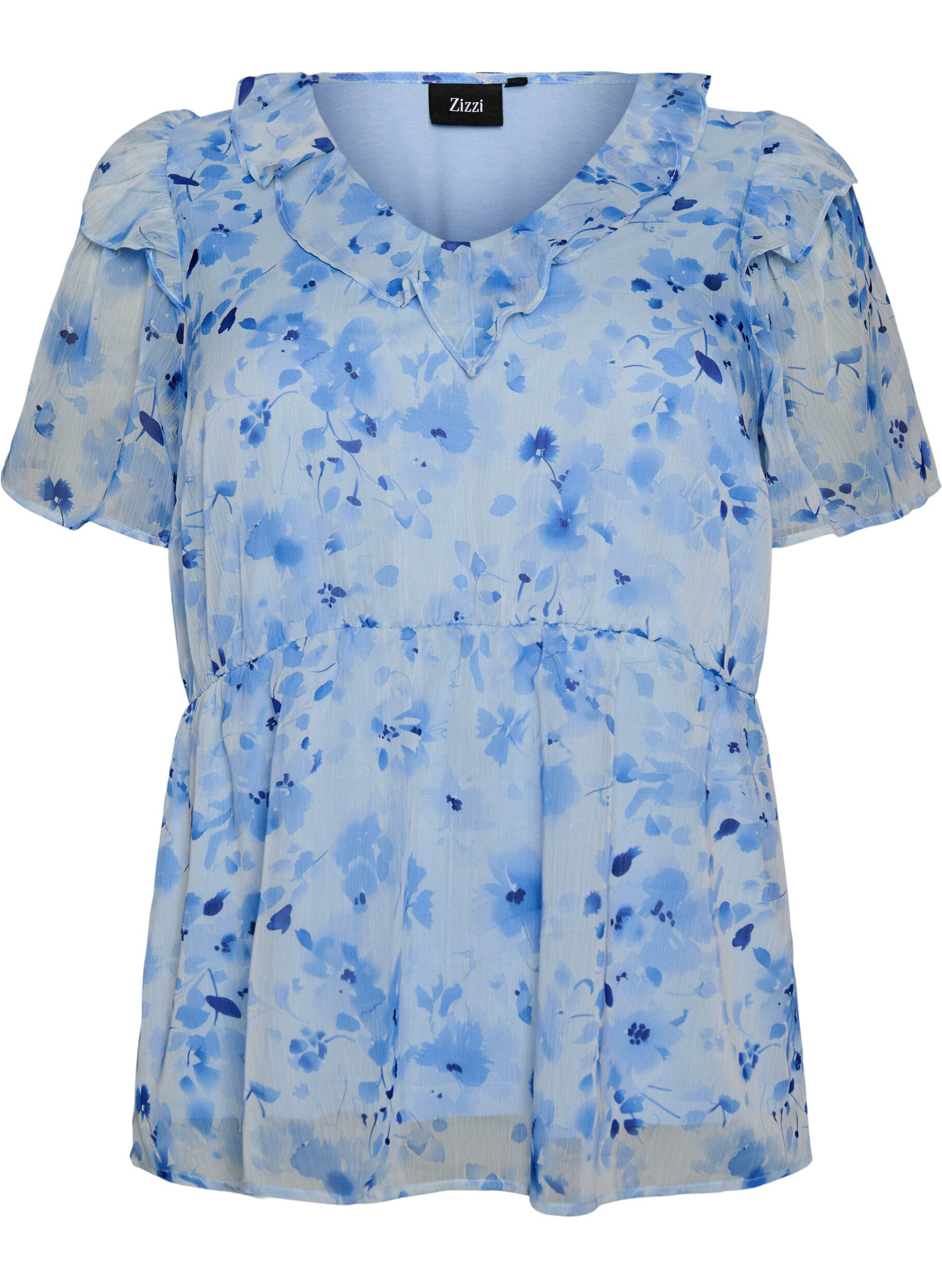 Zizzi Bloemenblouse met rucheskraag en peplum effect, Blauw, Packshot image number 0