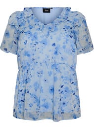 Bloemenblouse met rucheskraag en peplum effect, Blauw