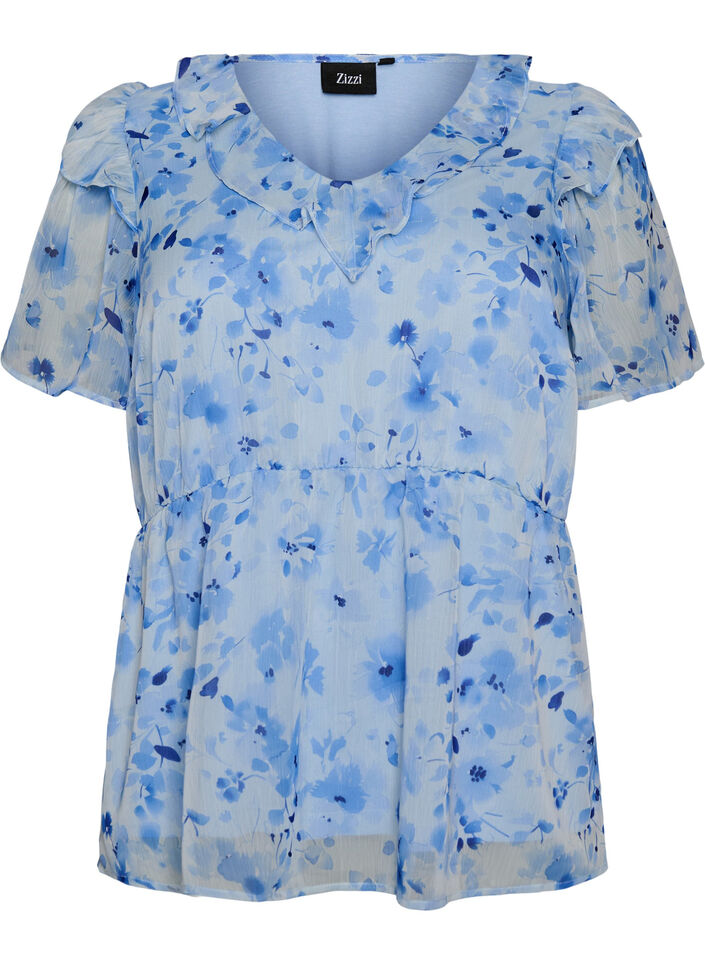 Bloemenblouse met rucheskraag en peplum effect, Blauw, Packshot image number 0