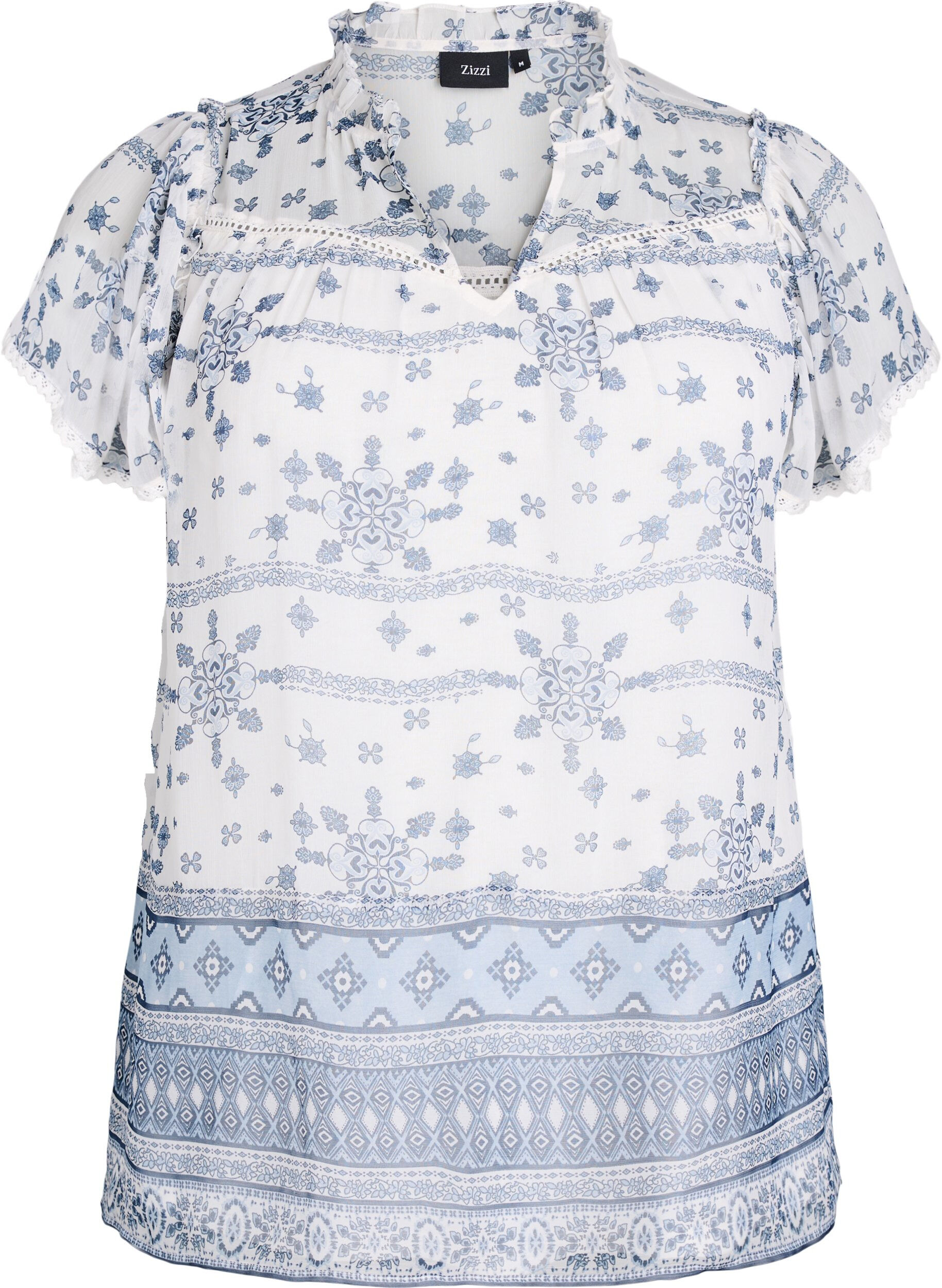 Zizzi Blouse met patroon, ruches en korte mouwen, Wit, Packshot image number 0