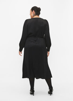 Viscose jurk met lange mouwen en ton sur ton print, Black, Model image number 1