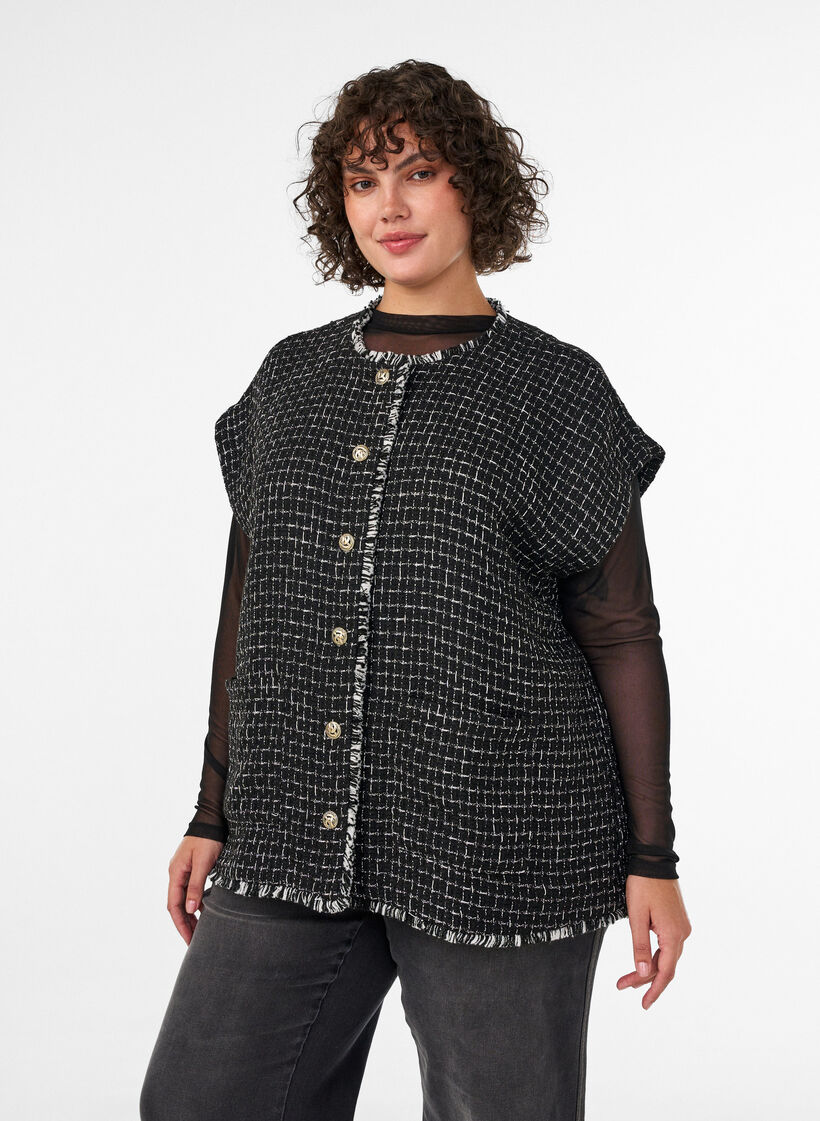 Geruite gilet met decoratieve knopen, Zwart, Model image number 0