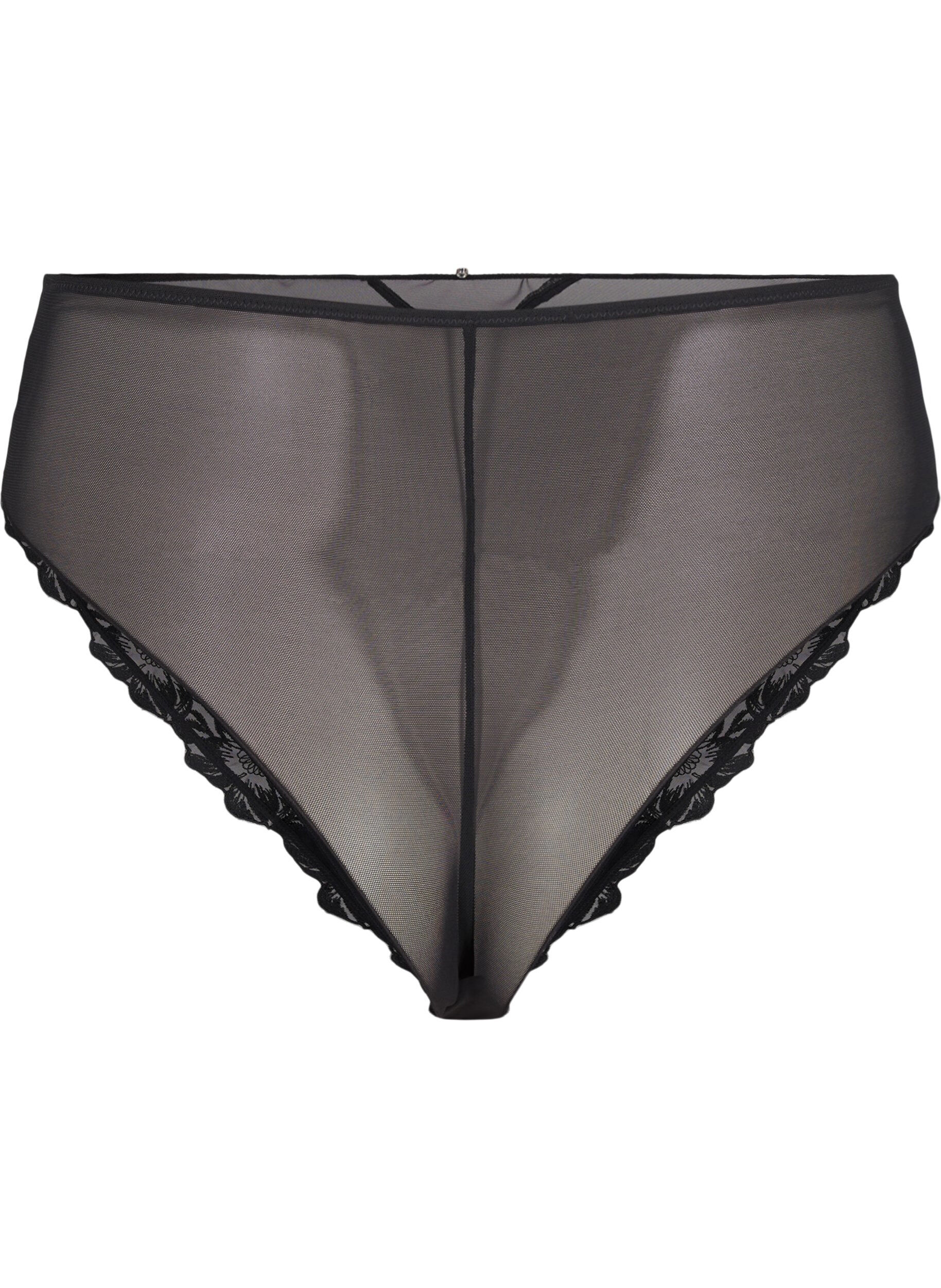 Zizzi Mesh Brazilian slipje met borduursel, Black, Packshot image number 1