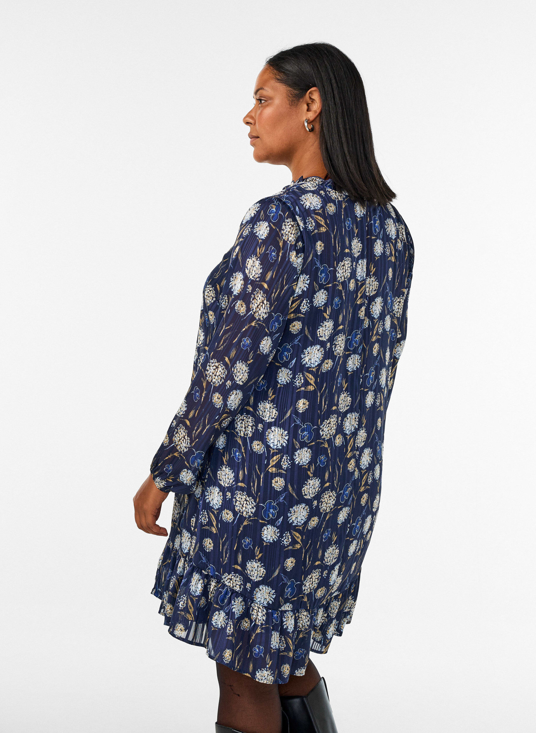 ZizziJurk met patroon, ruches en lange mouwen, Blauw, Model image number 2