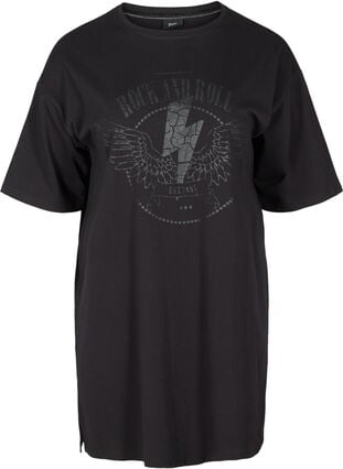 Katoenen T-shirt jurk met print details, Black w. Black, Packshot image number 0