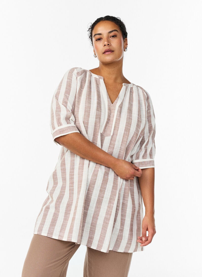 Katoenen tuniek met V-hals, Beige, Model image number 0