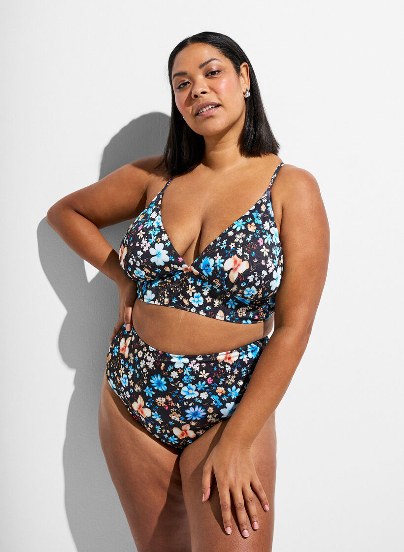 Bloemenbikini top met striksluiting aan de achterkant, Blauw, Model image number 0