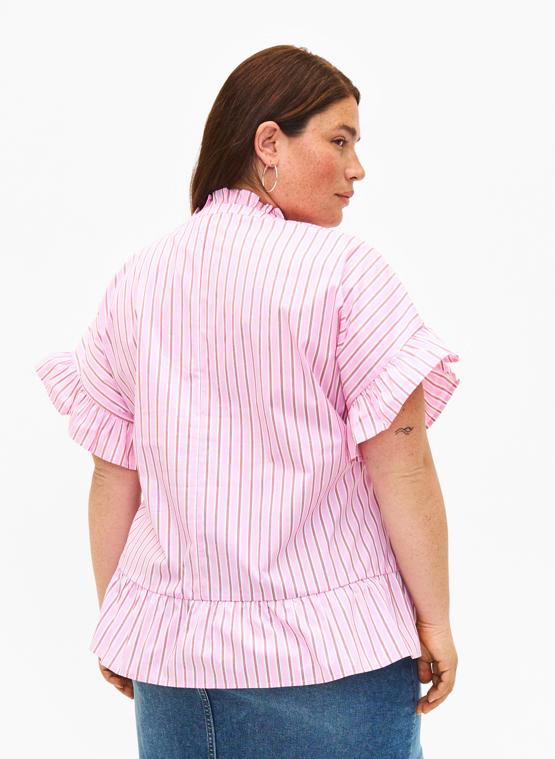 Zizzi Gestreepte blouse met peplum en ruches, Pink Red Stripe, Model image number 1