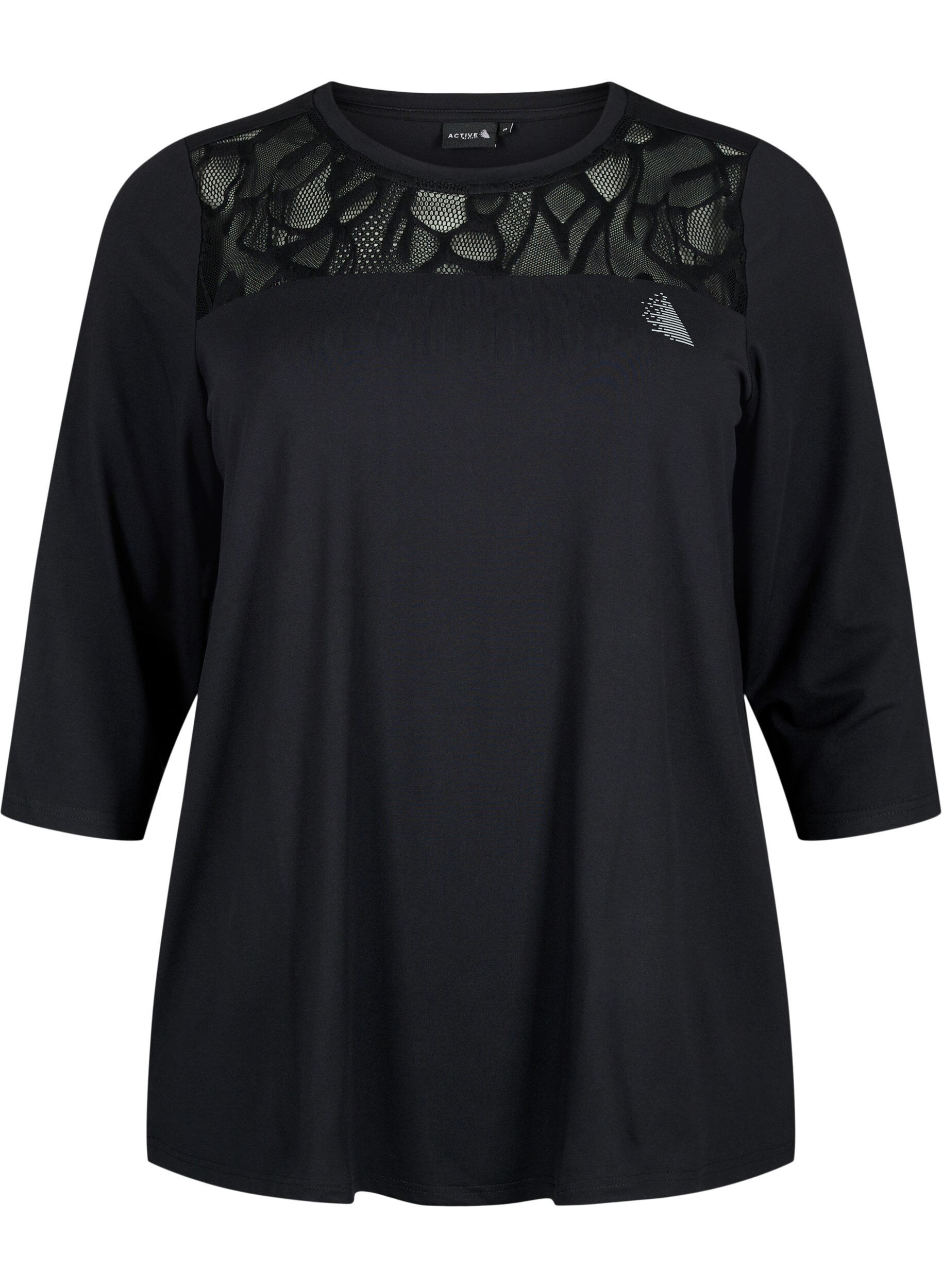 Zizzi Trainings-T-shirt met 3/4 mouwen en gaasdessin, Black, Packshot image number 0