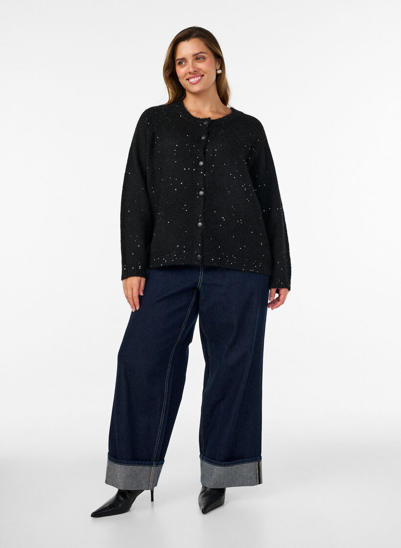 Cardigan met pailletten en knopen, Zwart, Model image number 1