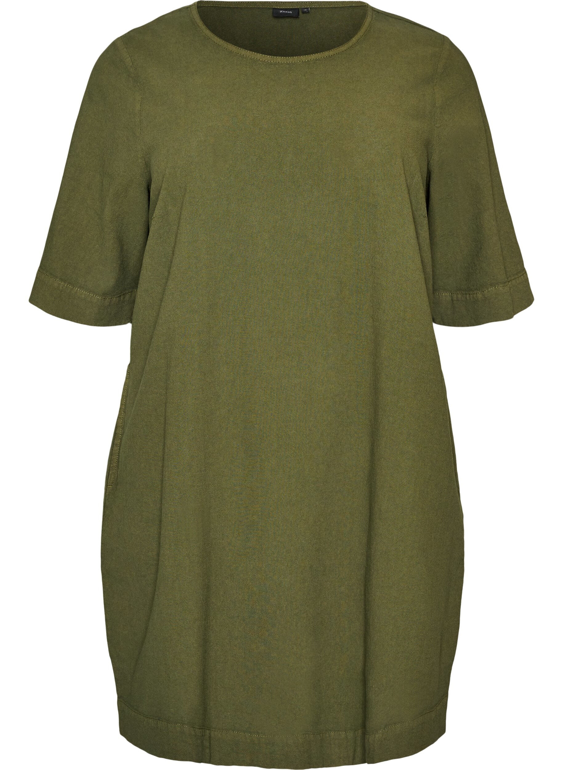 ZizziKatoenen jurk met korte mouwen en zakken, Groen, Packshot image number 0