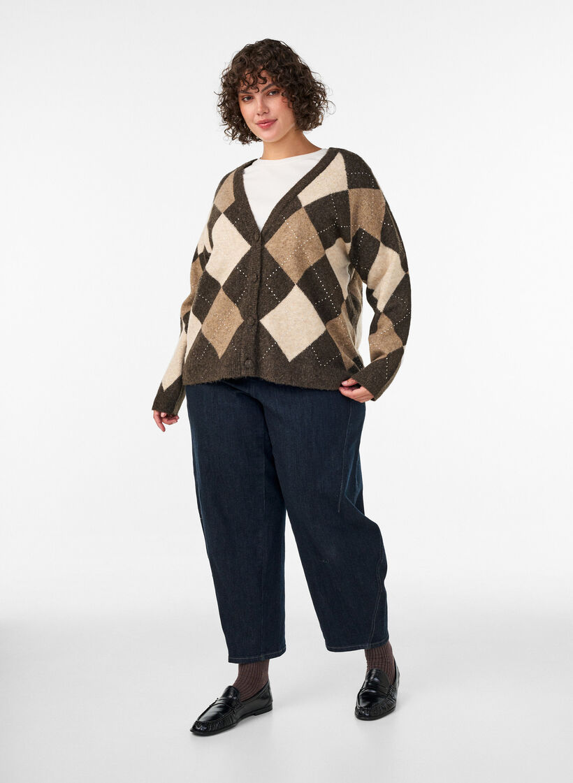 Argyle vest met strass-steentjes, Bruin, Model image number 1
