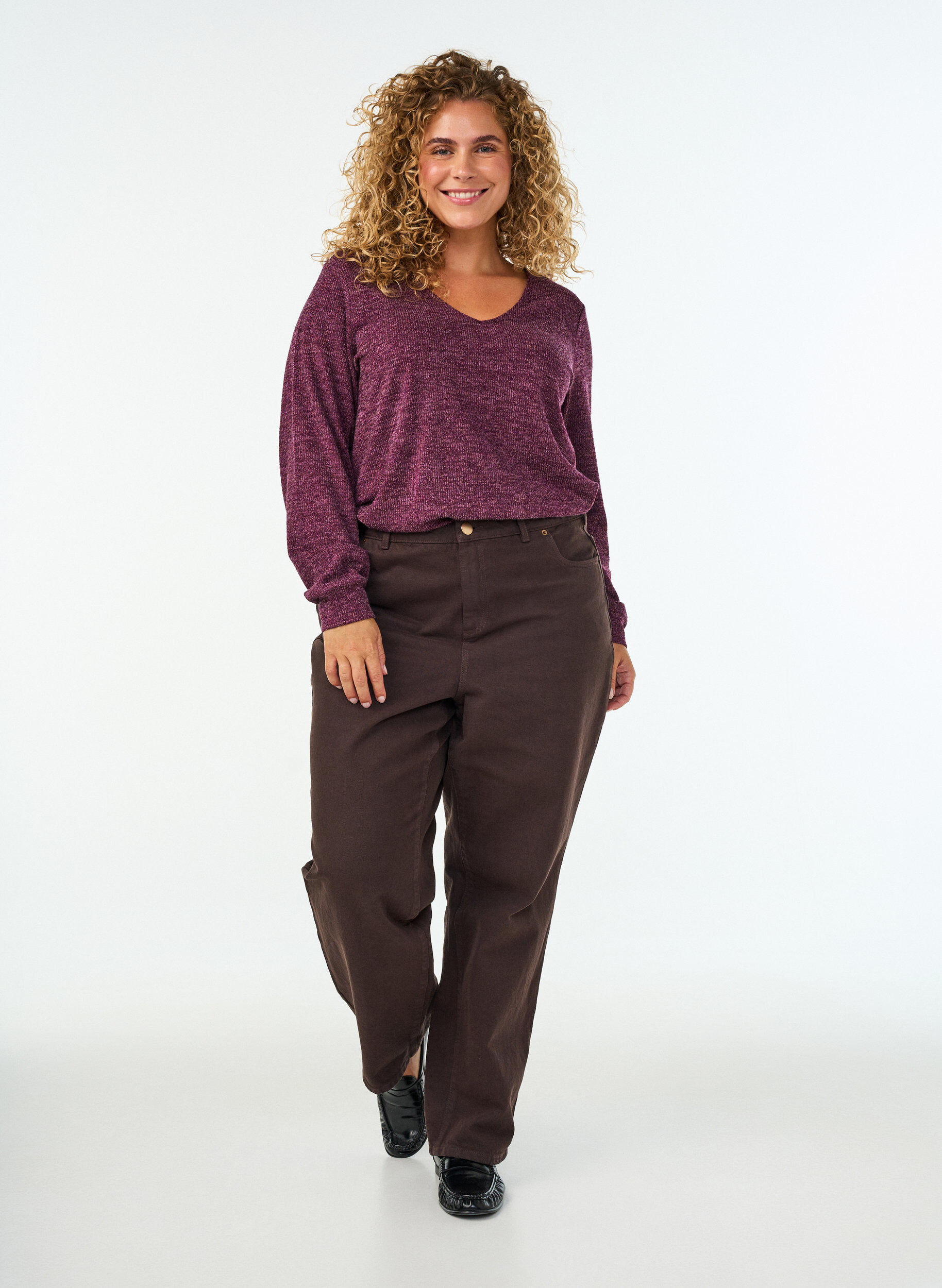 ZizziJersey blouse met V-hals en lange mouwen, Donker Bordeaux, Model image number 1