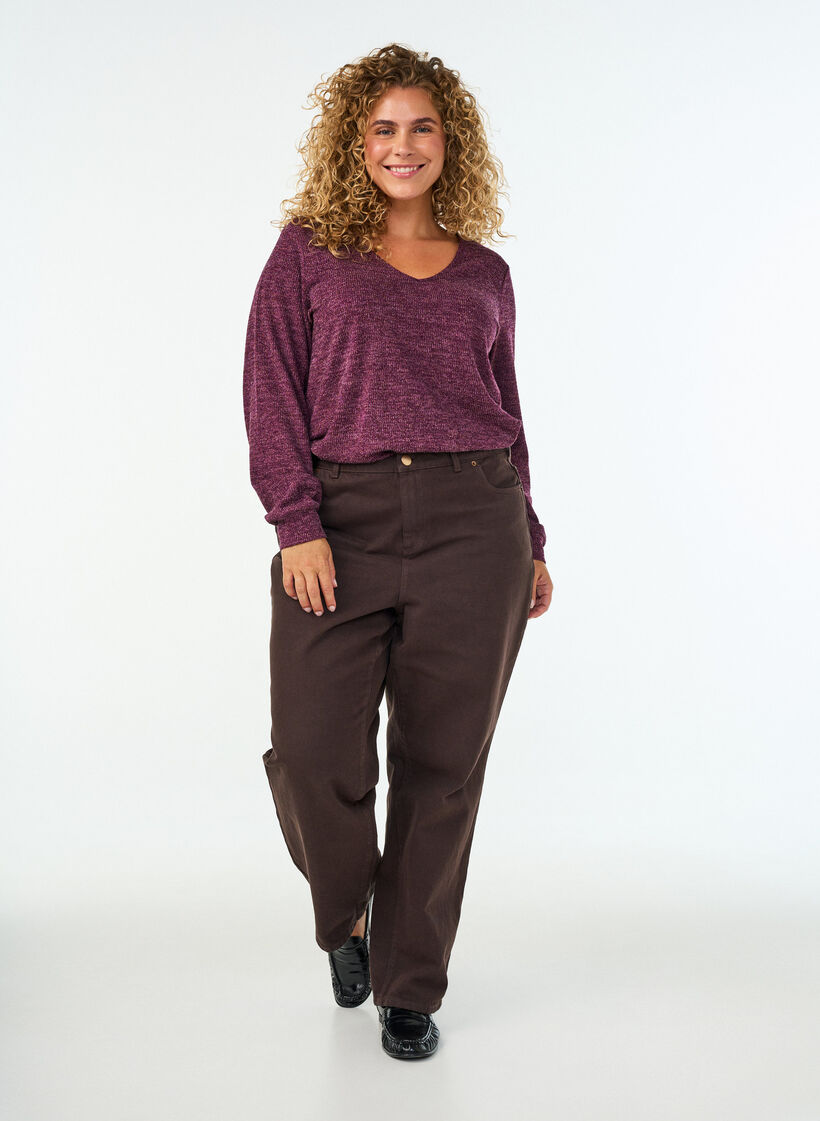 Jersey blouse met V-hals en lange mouwen, Donker Bordeaux, Model image number 1