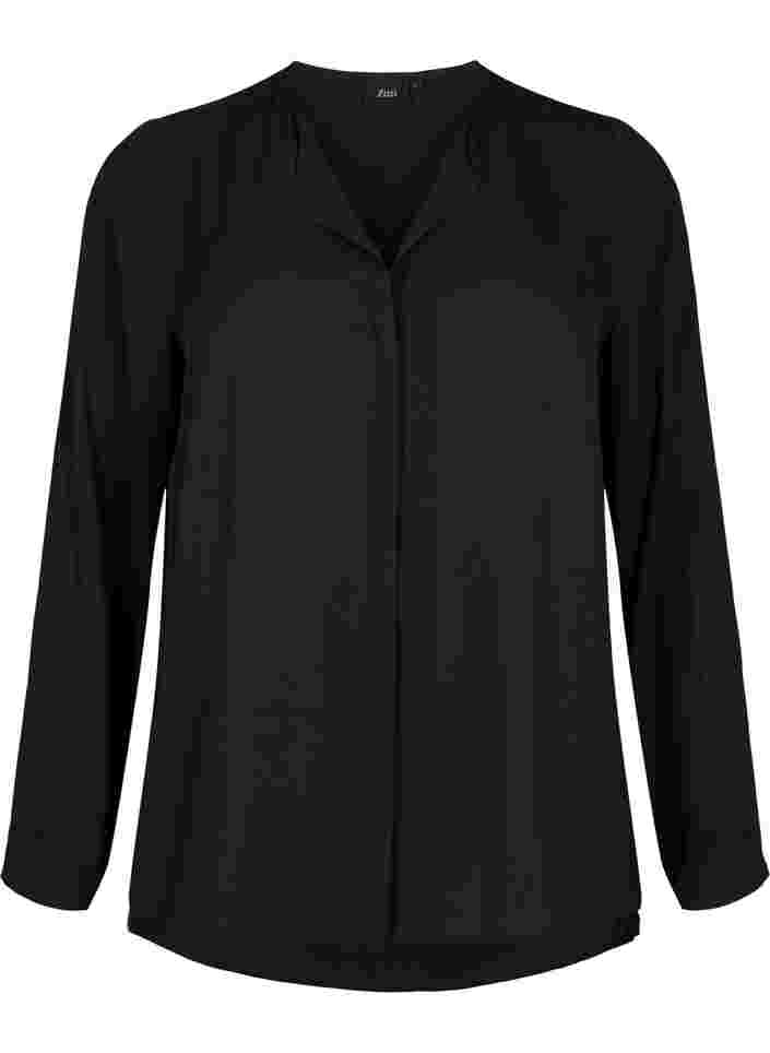 Effen kleur overhemd met v-hals, Black, Packshot image number 0