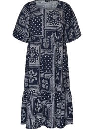 Enkel-lange jurk in viscose met paisleyprint en korte mouwen, Blauw