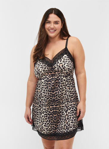 Pyjama jurk in luipaard print met kant, Animal Print, Model image number 0