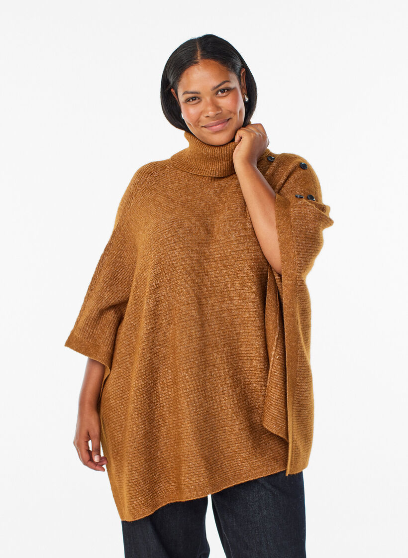 Poncho met col en knoopdetail, Bruin, Model image number 0