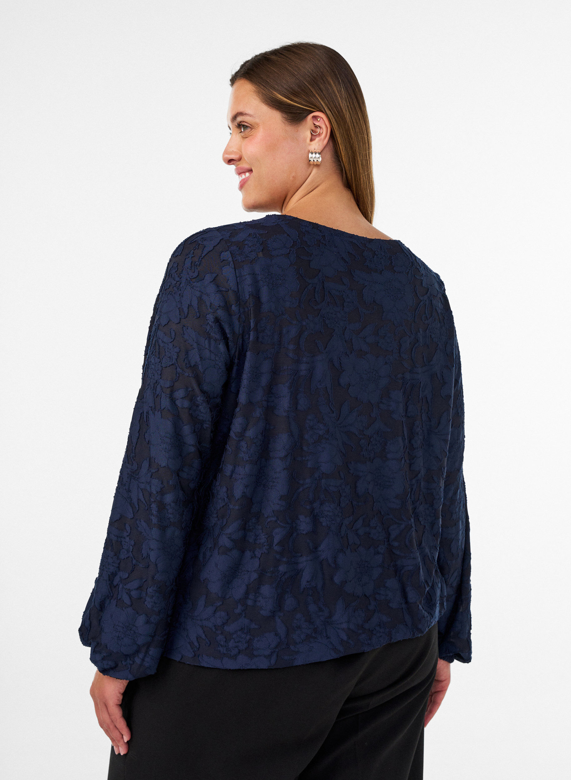 ZizziDoorschijnende blouse met bloemenstructuur en lange mouwen, Blauw, Model image number 2