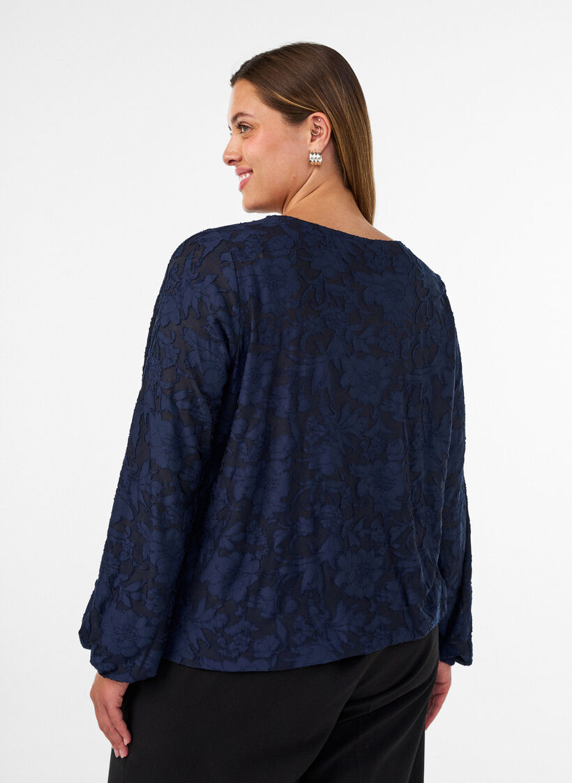 Doorschijnende blouse met bloemenstructuur en lange mouwen, Blauw, Model image number 2