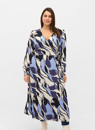 Bedrukte midi-jurk met omslag, Blue Abstract AOP, Model image number 0
