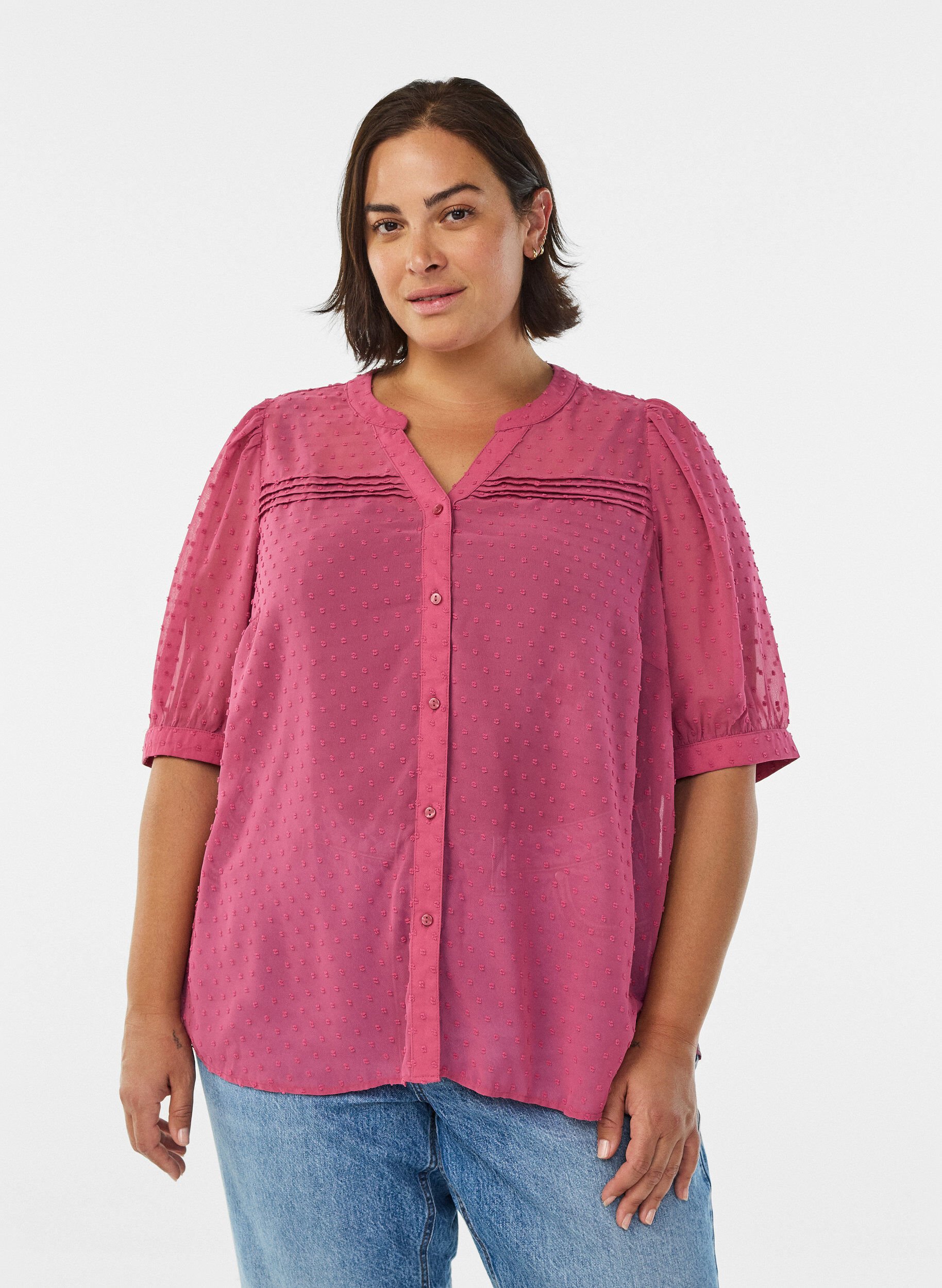 Blouse met korte mouwen en een gestippelde textuur, Roze, Model