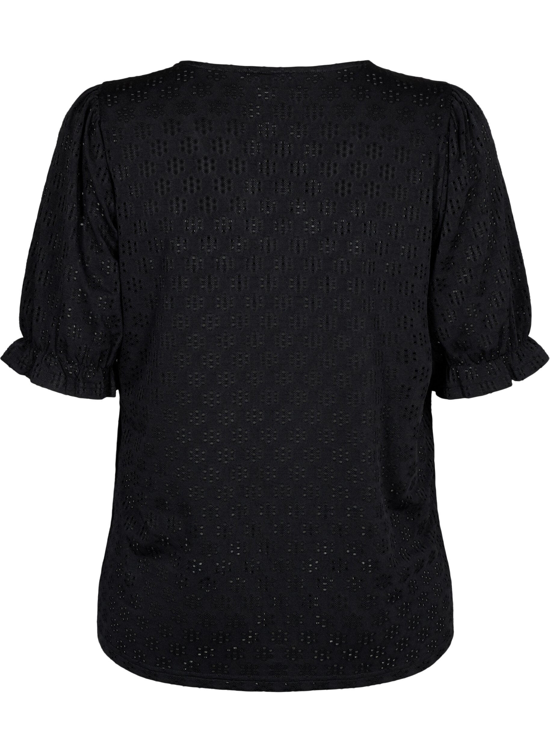 Zizzi Blouse met V-hals en gaatjespatroon, Black, Packshot image number 1