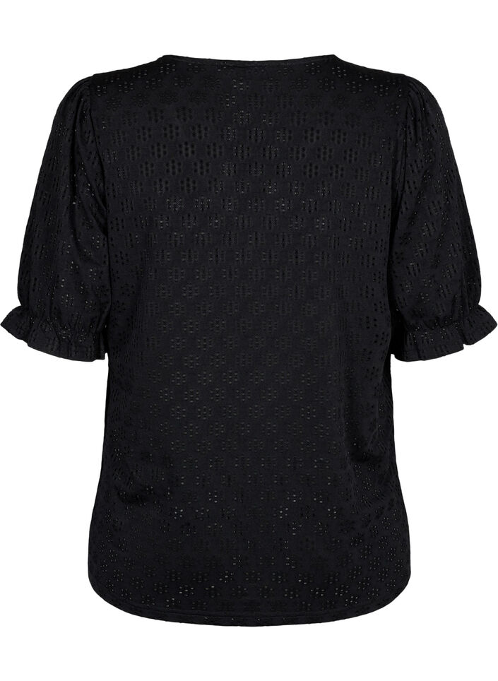 Blouse met V-hals en gaatjespatroon, Black, Packshot image number 1