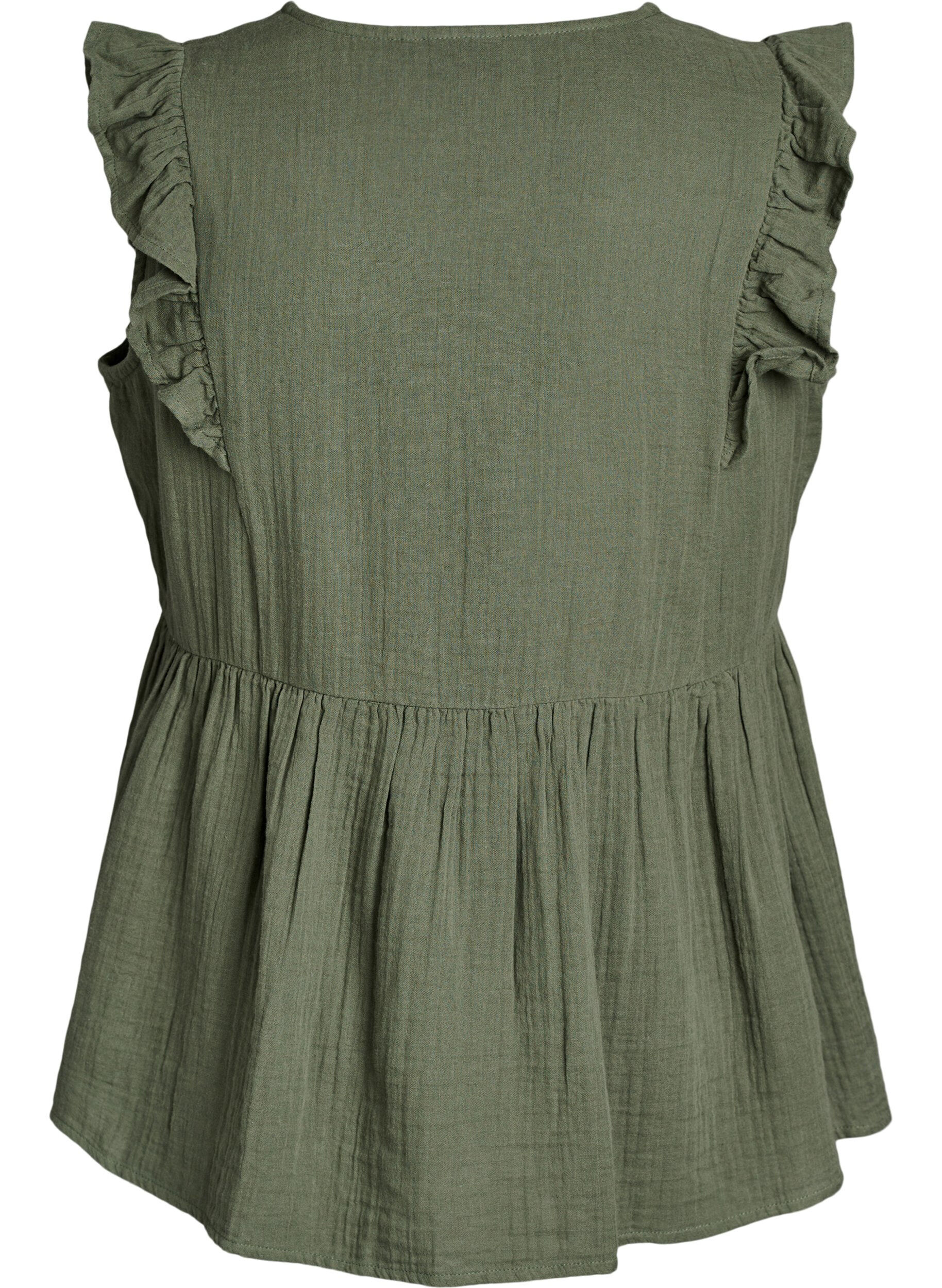 ZizziMouwloze blouse van katoen mousseline met ruches, Groen, Packshot image number 1