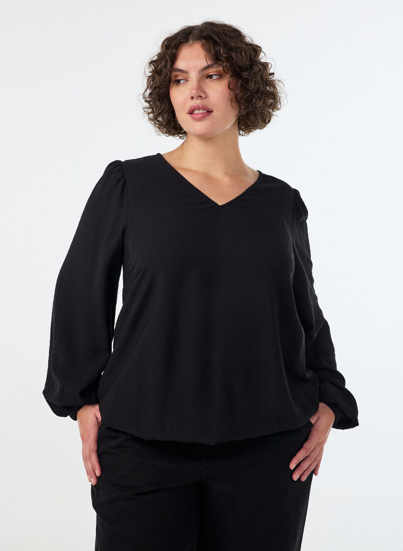 Viscose blouse met V-hals en ballonvormig silhouet, Zwart, Model image number 0