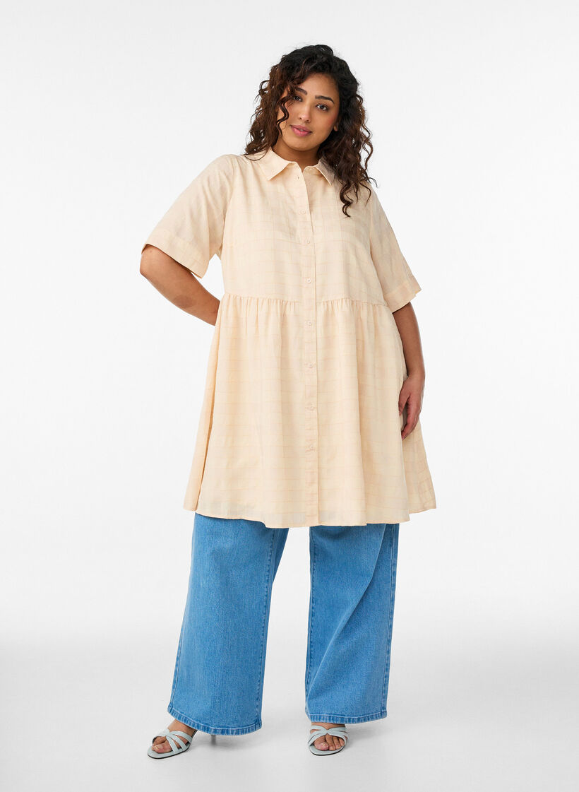 Korte overhemdjurk met een geruite textuur en 1/2 mouwen, Geel, Model image number 1