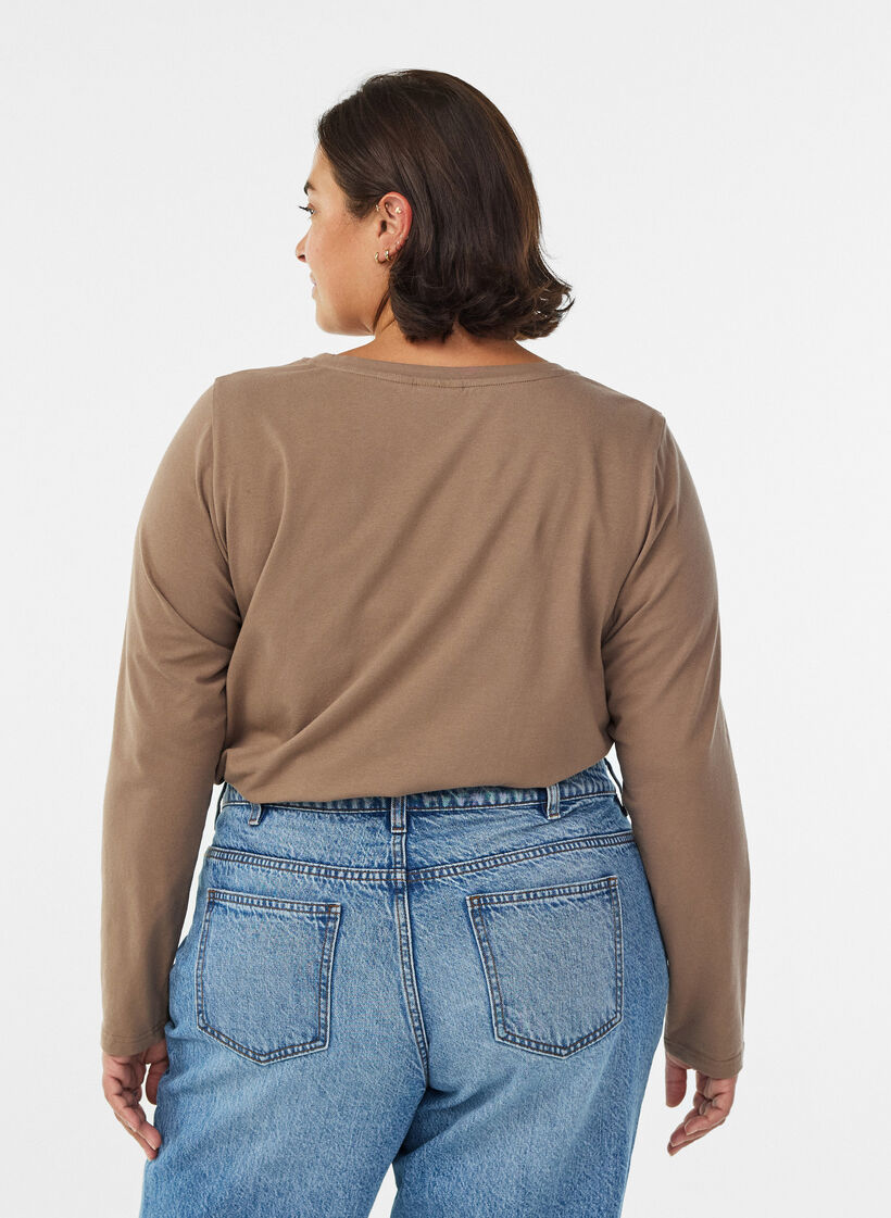 Basic jerseyblouse met lange mouwen, Bruin, Model image number 2