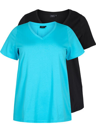 Set van 2 basic t-shirts in katoen, Blue Atoll / Black, Packshot image number 0