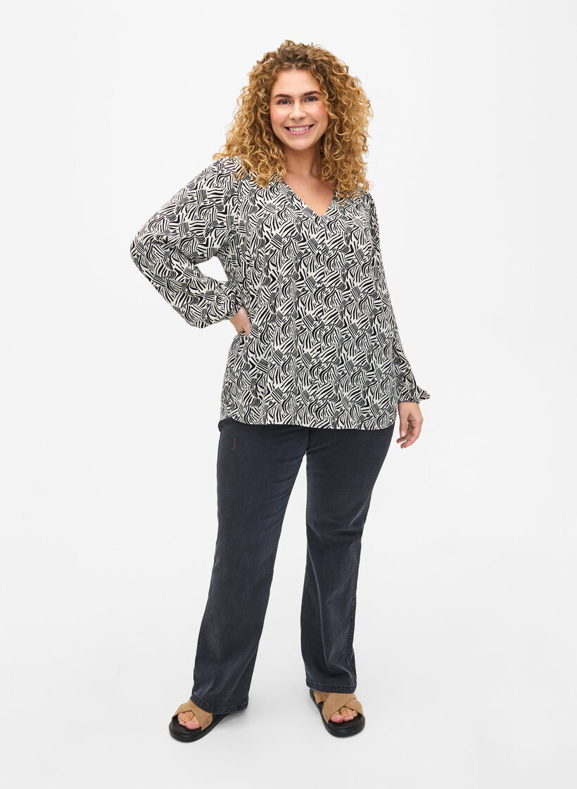 Blouse avec col en V et imprimé, Birch Graphic, Model image number 2