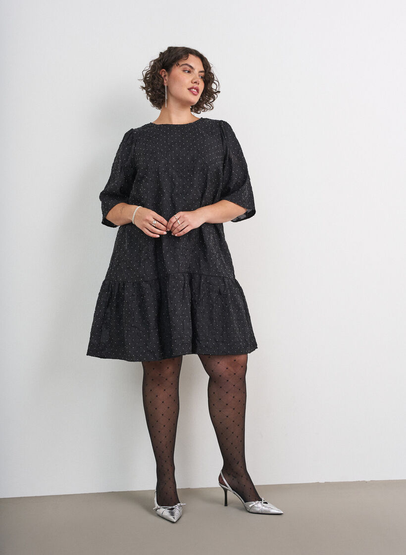 Jacquard jurk met glanzende details en pofmouwen, Zwart, Model image number 1