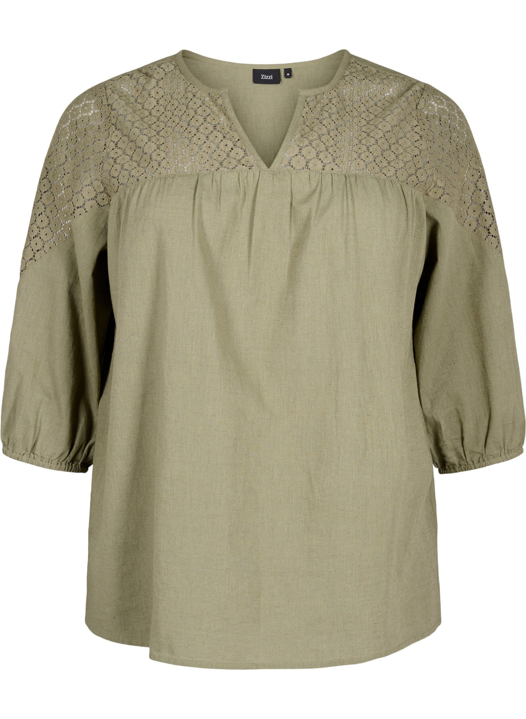 Zizzi Blouse van katoenmix met linnen en gehaakt detail, Deep Lichen Green, Packshot image number 0