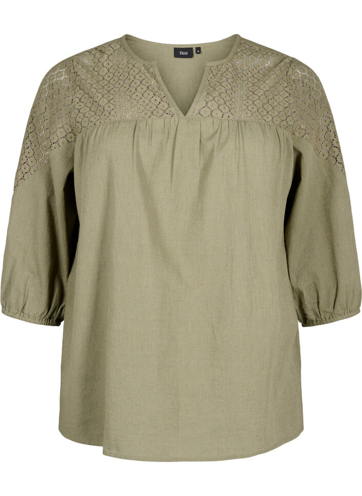 Blouse van katoenmix met linnen en gehaakt detail, Deep Lichen Green, Packshot image number 0