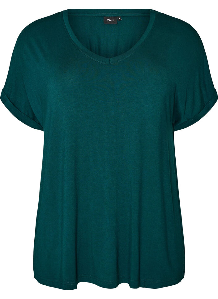Basic T-shirt met V-hals van viscose, Groen, Packshot image number 0