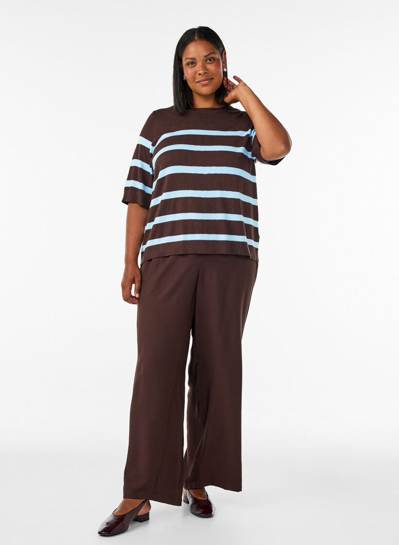 Gestreepte top met korte mouwen in breisel, Bruin, Model image number 1