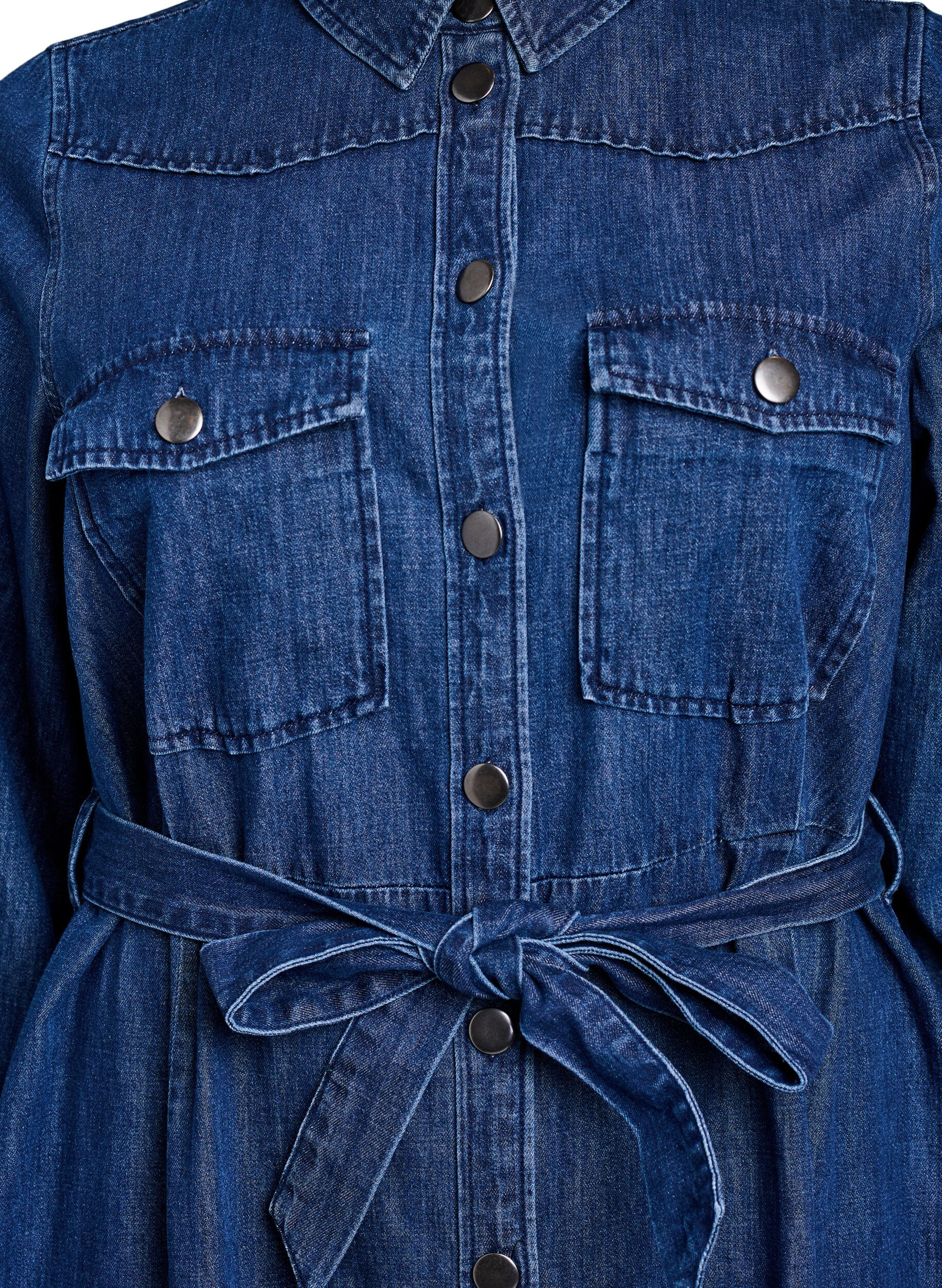 Zizzi Halflange denim jurk met strikceintuur, Blauw, Packshot image number 2