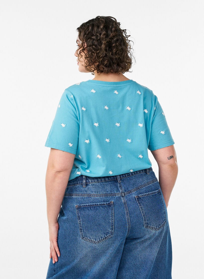 T-shirt in biologisch katoen met geborduurde motieven, Blauw, Model image number 2