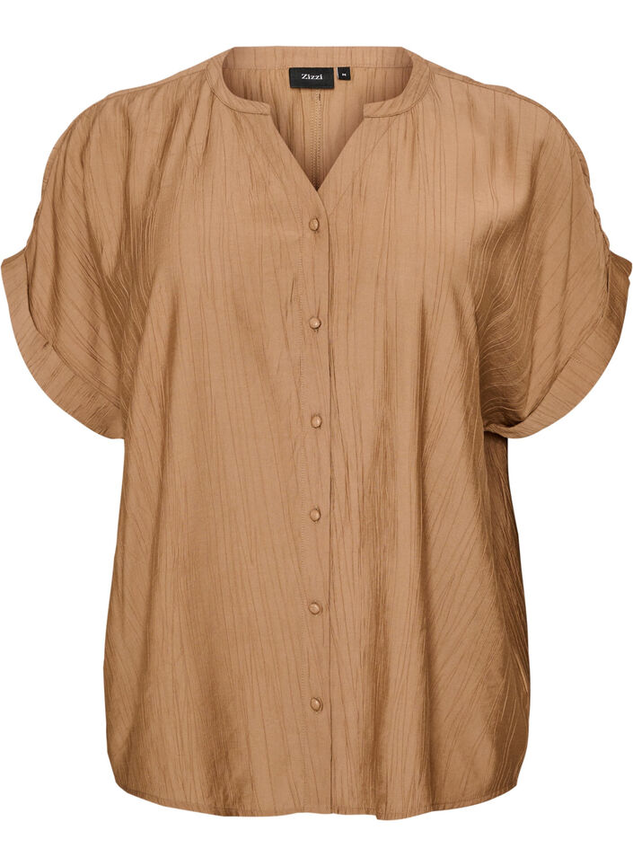 Viscose blouse met knoopjes en textuur, Bruin, Packshot image number 0