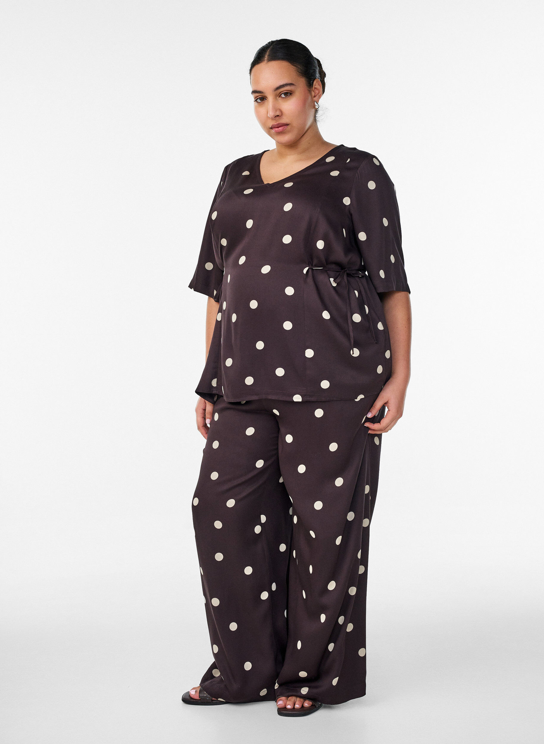 ZizziViscose broek met stippen en wijde pijpen, Bruin, Model image number 1