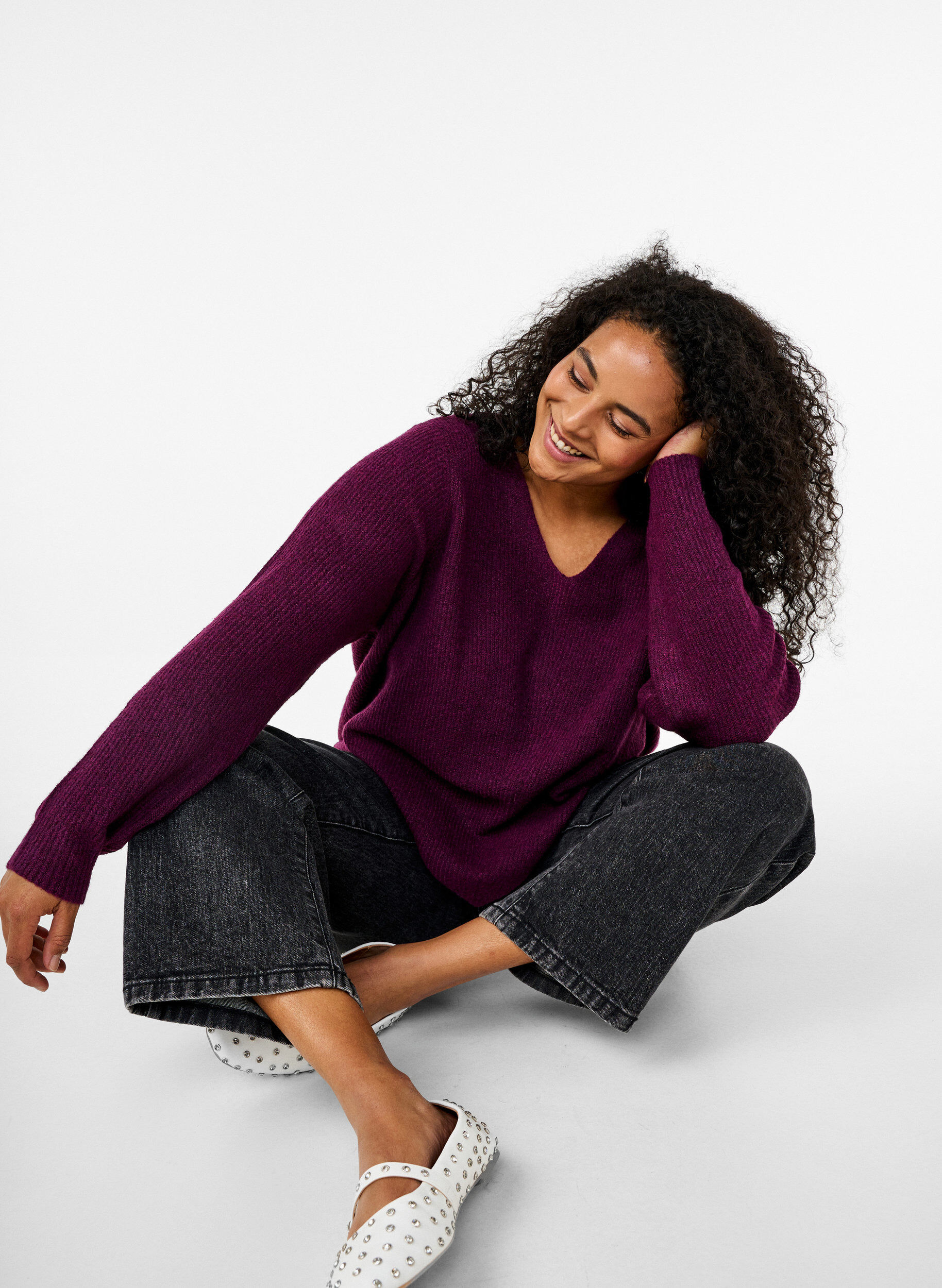 Zizzi Gebreide blouse met V-hals en lange mouwen, Potent P. Black Mel., Image image number 0