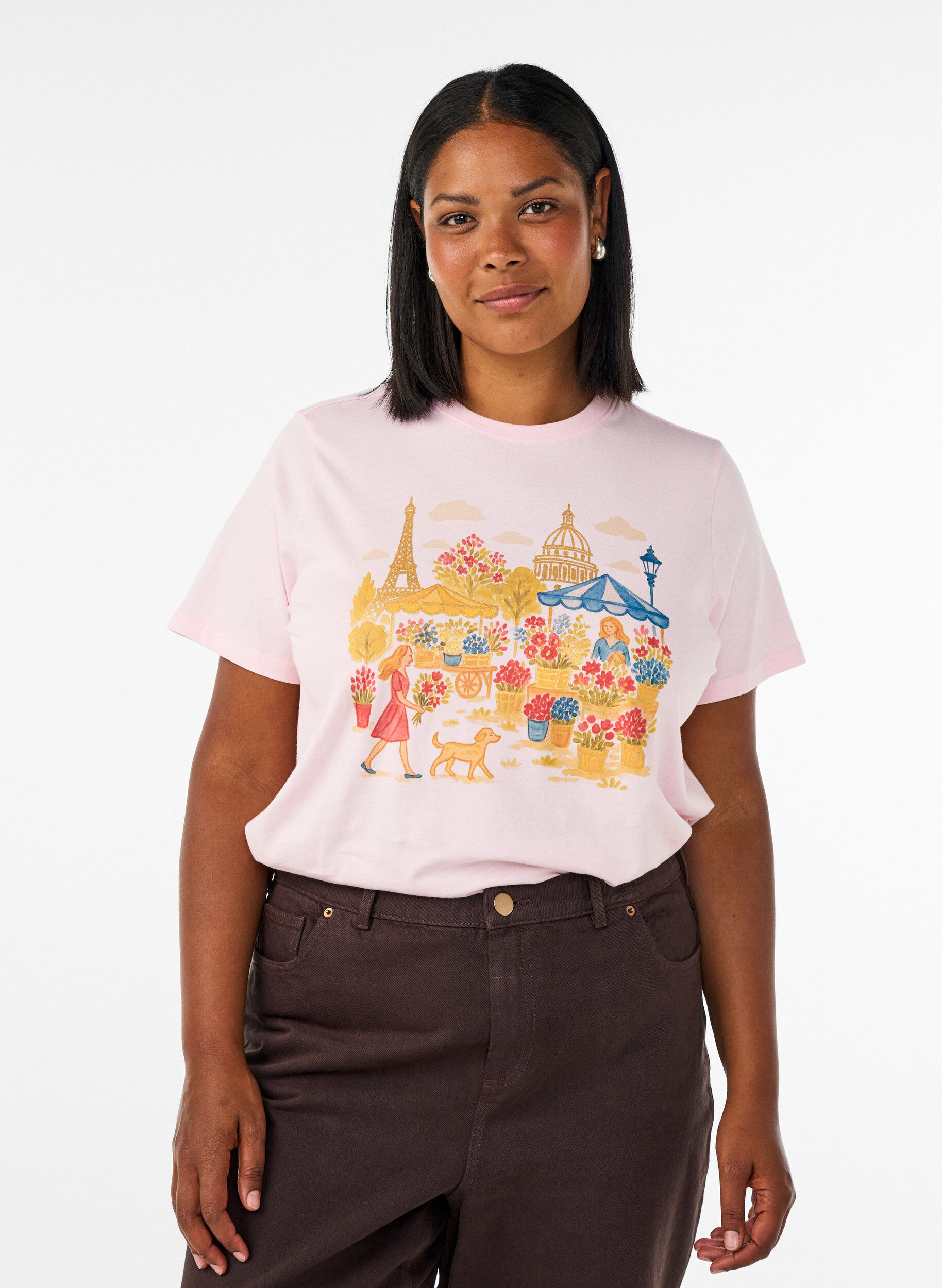 ZizziOrganisch katoenen T-shirt met print aan de voorkant, Roze, Model image number 0