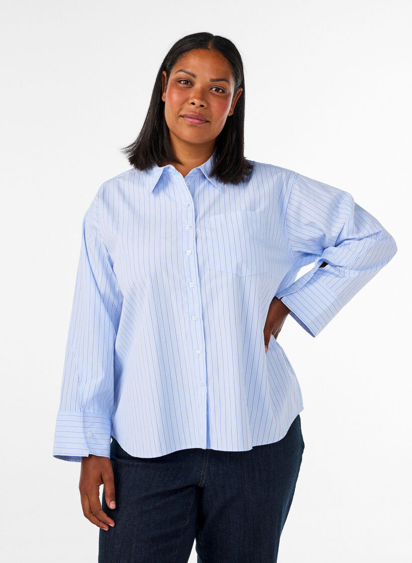 Gestreept shirt met wijde manchetten, Blauw, Model image number 0