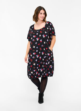 Viscose jurk met print en korte mouwen , Black Dot Flower, Model image number 2